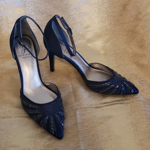 NWoT Adrianna Papell Navy Blue Satin Beaded Pointed Toe Pump, Size 7.5 - Picture 3 of 16